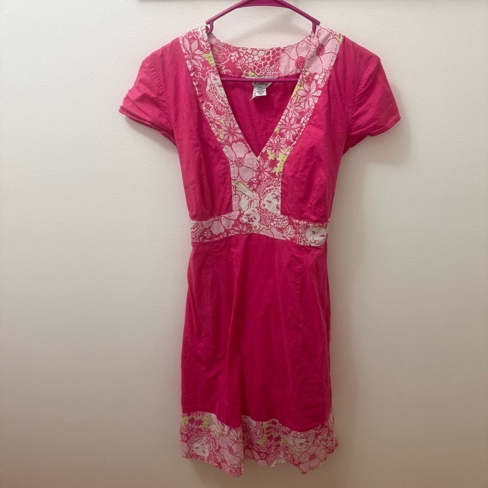 Lilly Pulitzer white label medium vintage Pink Floral Trim V-Neck Dress